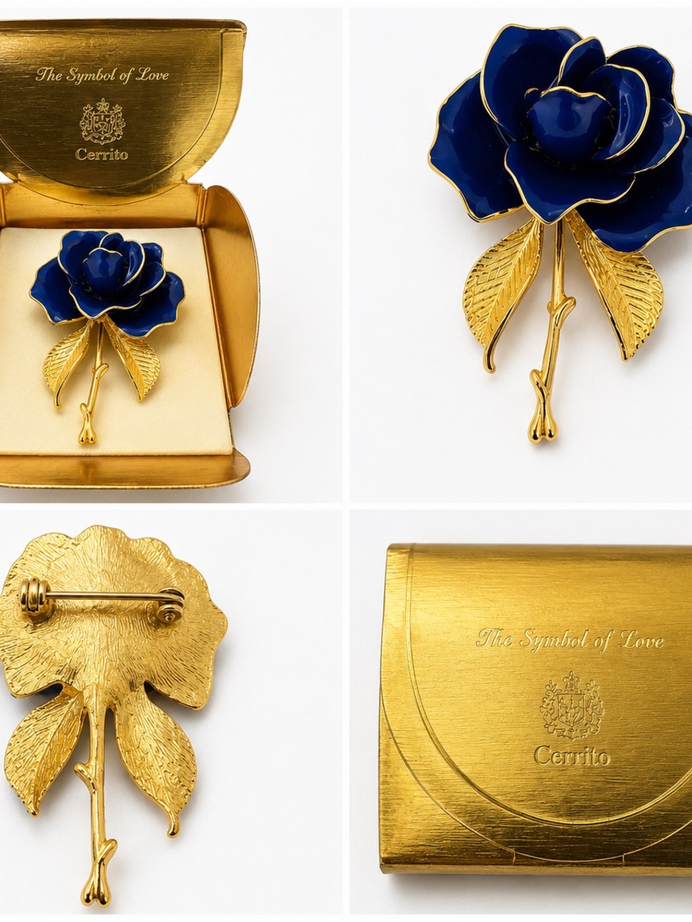 Vintage Cerrito Blue Enamel Rose Brooch Pin w/ Original Box Gold Tone